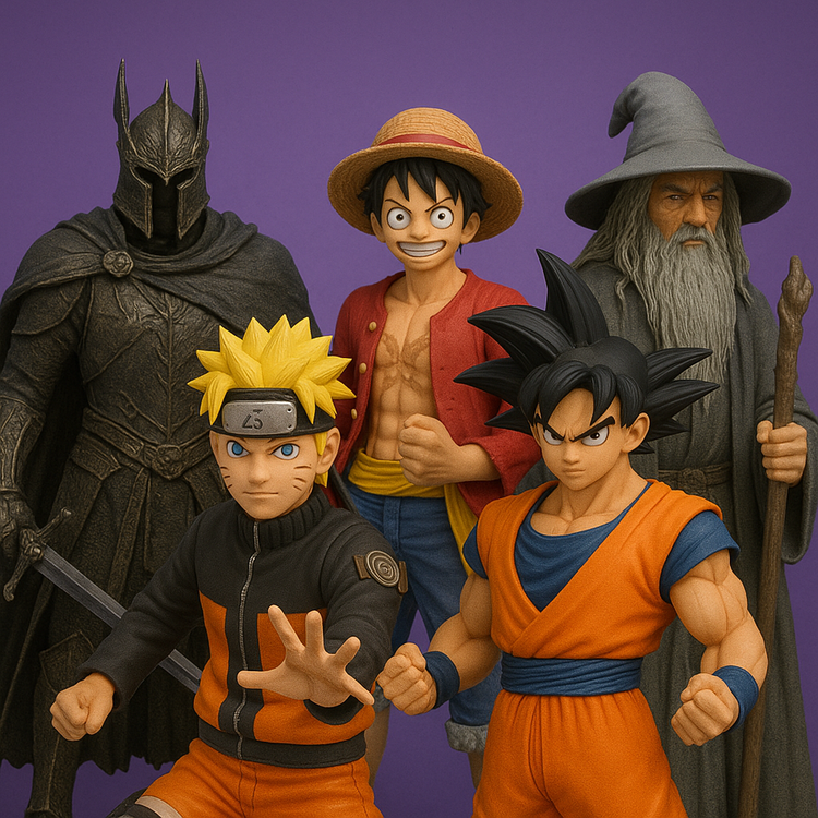 Figurines manga, geek, représentant Naruto, San Goku, Luffy de One Piece, sur fond aux couleurs de la boutique en ligne GeekyOwl